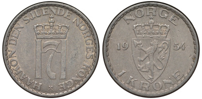 Норвегия 1 крона 1954 Хокон VII (1905-1957) KM 397 медно-никель 4128-1214