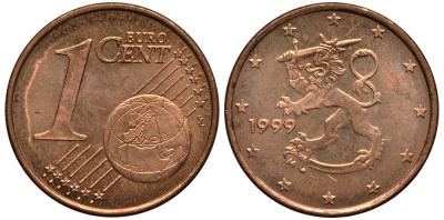 Финляндия 1 евроцент 1999 KM 98 сталь плакированная медью XF-UNC 4181-162