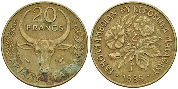 Мадагаскар 20 франков 1988 KM 12 алюминиевая бронза 4141-634