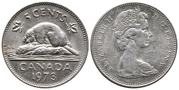 Канада 5 центов 1973 бобр, Елизавета II (1952-) KM 60.1 никель 4364-2422