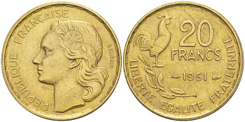ФРАНЦИЯ 20 ФРАНКОВ 1951 ПЕТУХ, 4 ПЕРА KM 917.1, LE FRANC 402.7 алюминиевая бронза 4519-847