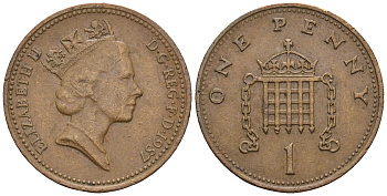 Великобритания 1 пенни 1987 Елизавета II (1952-2022) КМ 935, Spink 4381 (B3) бронза 4609-521