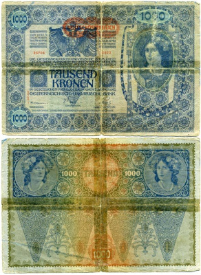АВСТРИЯ 1000 КРОН 1919 ГОРИЗОНТАЛЬНАЯ НАДПЕЧАТКА НА 1902 Pick 57а бумага 7146-4-2-2