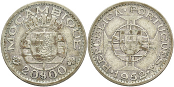 Португальский Мозамбик 20 эскудо 1952 первый год KM 80 серебро 189-212