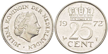 Нидерланды 25 центов 1972 Юлиана (1948-1980) KM 183 никель 214-962