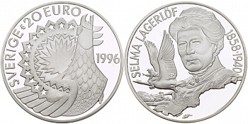 Швеция 20 евро 1996 Карл XVI Густав (1973- ), шведская писательница Сельма Лагерлеф (1858-1940) серебро PROOF 1068-3-44