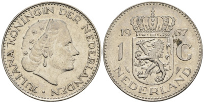 Нидерланды 1 гульден 1967 Юлиана (1948-1980) KM 184a никель 4579-454