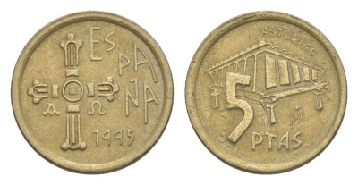 Испания 5 песет 1995 Астурия KM 946 алюминиевая бронза 4632-346