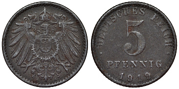 Германия 5 пфеннигов 1919 A KM 19, J. 297, Weege 5 железо 4118-1235