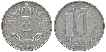 ГДР 10 пфеннигов 1971 А KM 10 алюминий 62-834