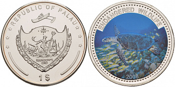 Палау 1 доллар 2008 серия вымирающие виды, морская черепаха Бисса, цветная эмаль KM 165 медно-никель PROOF 1088-7-12 M7-18-19