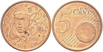 Франция 5 евроцентов 1999 KM 1284 сталь плакированная медью UNC 4614-728