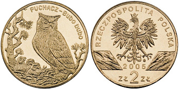 Польша 2 злотых 2005 MW, серия сохраним природу, филин KM 520, Parchimowicz 947 нордик  UNC  M60-01