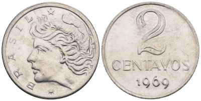 Бразилия 2 сентаво 1969  KM 576.2, Schon 81a нержавеющая сталь  aUNC  4609-928