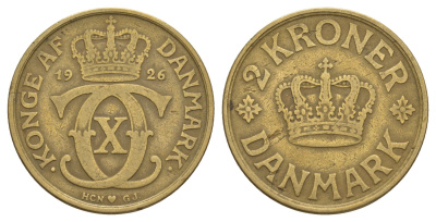 Дания 2 кроны 1926 HCN; GJ, Кристиан X (1912-1947) KM 825 алюминиевая бронза 81-416