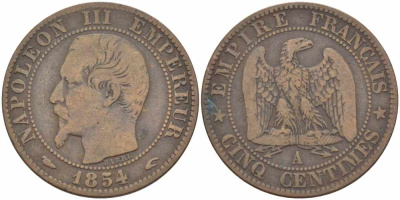 ФРАНЦИЯ 5 САНТИМОВ 1854 A, НАПОЛЕОН III (1852-1870) KM 777.1, LE FRANC 116.8 бронза 108-257