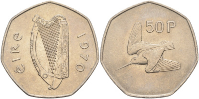 Ирландия 50 пенсов 1970 вальдшнеп KM 24 медно-никель UNC 4583-514