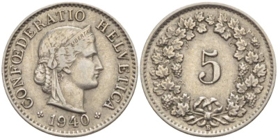 ШВЕЙЦАРИЯ 5 РАППЕНОВ 1940 В KM 26 медно-никель 4532-937
