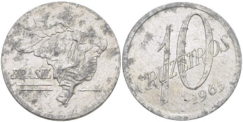 БРАЗИЛИЯ 10 КРУЗЕЙРО 1965 КАРТА БРАЗИЛИИ KM 572 алюминий 4529-424