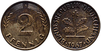 ФРГ 2 ПФЕННИГА 1967 F KM 106, Jager 381 бронза 4546-943