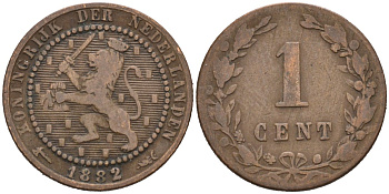 Нидерланды 1 цент 1882 Виллем III (1849-1890) KM 107 бронза 4576-565