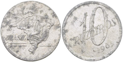 БРАЗИЛИЯ 10 КРУЗЕЙРО 1965 КАРТА БРАЗИЛИИ KM 572 алюминий 4529-424