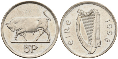 Ирландия 5 пенсов 1998 бык KM 28 медно-никель 4174-855