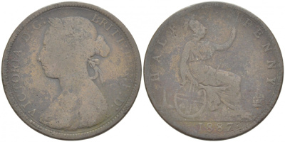 Великобритания 1/2 пенни 1887 Виктория (1837-1901) KM 754, Spink 3956 бронза 77-436
