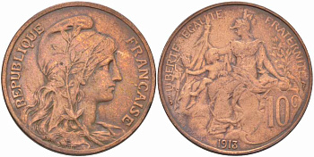 ФРАНЦИЯ 10 САНТИМОВ 1913 ТИП ДАНИЭЛЬ ДЮПЮИ KM 843, LA FRANC 136.23 бронза 109-331