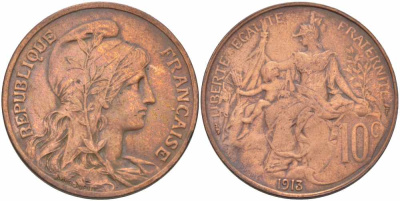 ФРАНЦИЯ 10 САНТИМОВ 1913 ТИП ДАНИЭЛЬ ДЮПЮИ KM 843, LA FRANC 136.23 бронза 109-331