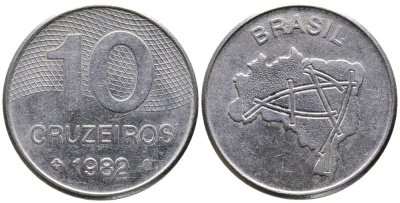 Бразилия 10 крузейро 1982 карта Бразилии KM 592.1 нержавеющая сталь 3336-854