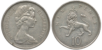 Великобритания 10 пенсов 1974 Елизавета II (1952-2022) KM 912, Spink 4231 (F1) медно-никель 4131-336