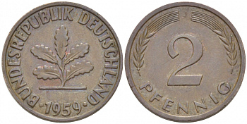 ФРГ 2 ПФЕННИГА 1959 J KM 106, J. 381 бронза 3955-628