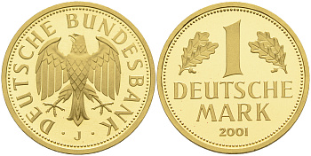 ФРГ 1 марка 2001 J, специальный чекан J 481, KM 203 золото PROOF 00-811-06