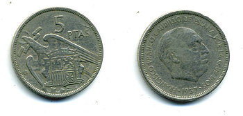 ИСПАНИЯ 5 ПЕСЕТ 1957 (65) ФРАНСИСКО ФРАНКО ДИКТАТОР ИСПАНИИ (1939-1975) KM 786 медно-никель 53-925