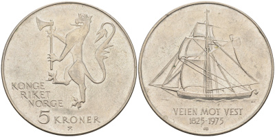 Норвегия 5 крон 1975 150 лет эмиграции в Америку KM 422 медно-никель    4117-434