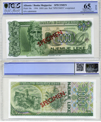 Албания 1000 леков 1994 Скандербег, Specimen. номер АВ 000000, диагональная надпечатка, жирный шрифт, в слабе PCGS 65 Gem UNC Pick 58 s бумага UNC (пресс) 452-1-44