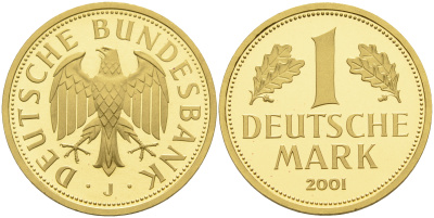 ФРГ 1 марка 2001 J, специальный чекан J 481, KM 203 золото PROOF 00-811-06