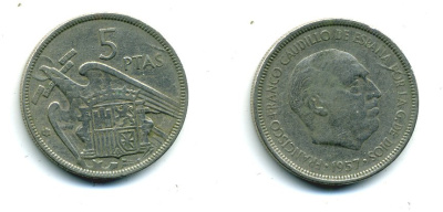 ИСПАНИЯ 5 ПЕСЕТ 1957 (65) ФРАНСИСКО ФРАНКО ДИКТАТОР ИСПАНИИ (1939-1975) KM 786 медно-никель 53-925