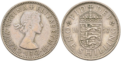Великобритания 1 шиллинг 1957 Елизавета II (1952-2022), Английский герб KM 904, Spink 4147 медно-никель 4116-836