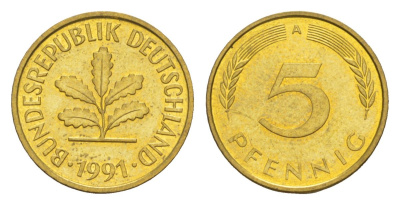 Германия 5 пфеннигов 1991 A KM 107, J. 382 сталь плакированная латунью UNC 4630-1253