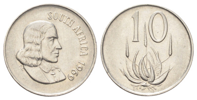 ЮАР 10 центов 1969 Ян ван Рибек (1619-1677), South Africa, легенда на африкаанс, цветок алоэ KM 68.1 никель 4696-1017
