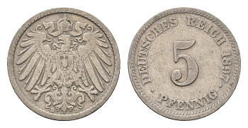 Германия 5 пфеннигов 1897 D, Вильгельм II (1888-1918) KM 11, J. 12 медно-никель 4632-1062