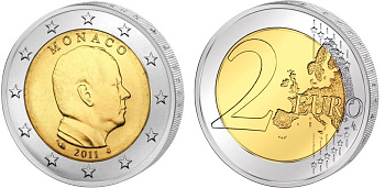 Монако 2 евро 2011 Князь Альберт II KM 195 биметалл UNC M25-04
