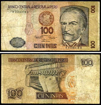 Перу 100 инти 1985 Рамон Кастилья, прядильная машина, 1 марта 1985 Pick 132 a бумага 2192-49-1-2