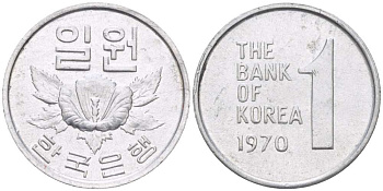 Южная Корея 1 вона 1970 роза шарона KM 4а алюминий 4516-822