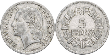 ФРАНЦИЯ 5 ФРАНКОВ 1946 KM 888b.1 алюминий 4531-835