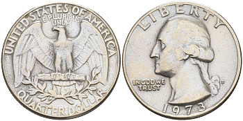 США 25 центов (квотер) 1973 D, Вашингтон KM 164a медь плакированная медно-никелем 190-315