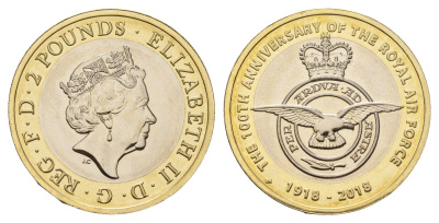 Великобритания 2 фунта 2018 100 лет Королевским военно-воздушным силам KM 1570, Spink K50 биметалл BU 1516-443