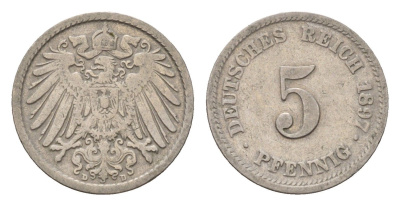 Германия 5 пфеннигов 1897 D, Вильгельм II (1888-1918) KM 11, J. 12 медно-никель 4632-1062